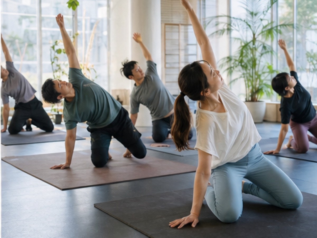 明るいスタジオで行う少人数モビリティクラス